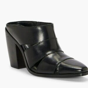 Vince Camuto Black Leather Mules Block Heel Square Toe Cutout Slide Sandals 7M